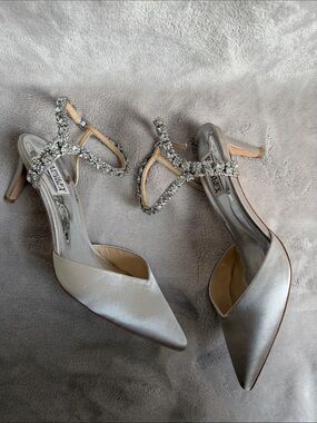 Badgley Mischka Silver Satin Rhinestone Ankle Strap Heels